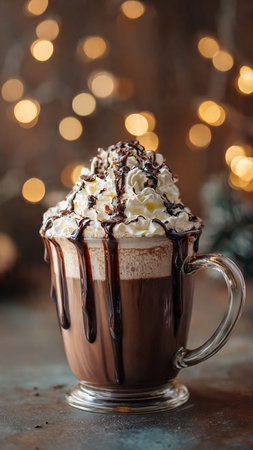 Hot chocolate with whipped cream and chocolate sauce in a cup on a dark backgroundの写真素材