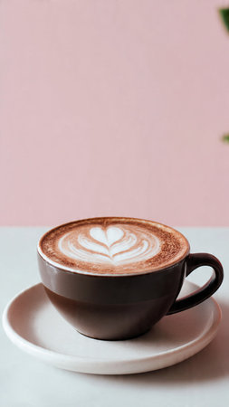 Coffee cup with latte art on pink and white backgroundの写真素材