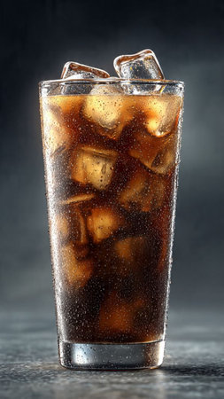 Glass of cola with ice cubes on dark background, closeup