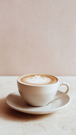 Coffee cup with latte art on table, stock photoの写真素材