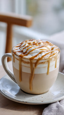 Cappuccino with caramel and whipped cream in a cup on a wooden tableの写真素材