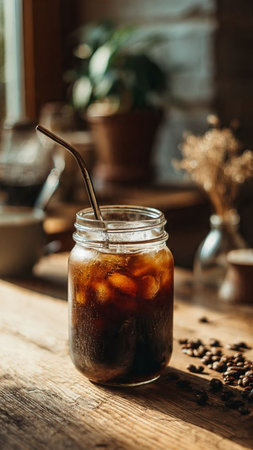Iced coffee in a glass jar on a wooden table, verticalの写真素材