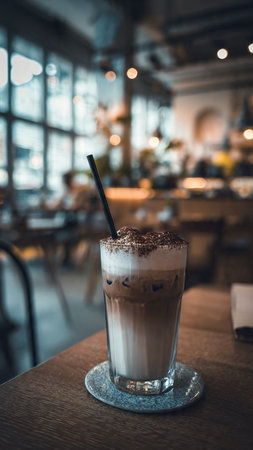 Iced coffee with whipped cream and chocolate on wooden table in cafeの写真素材