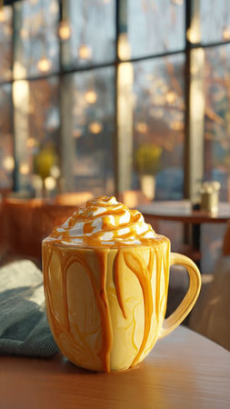 Coffee cup with whipped cream on table in cafe, closeupの写真素材