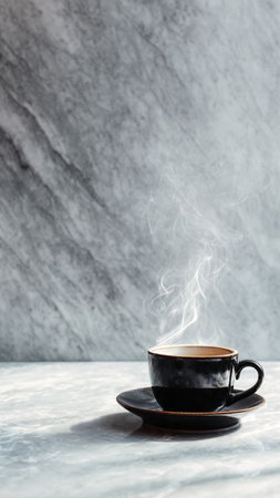 Coffee cup with steam on the table. Copy space.