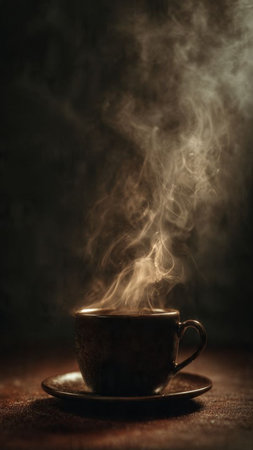 Cup of coffee with steam on dark background. Selective focus.の写真素材