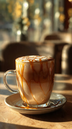 Cup of cappuccino with caramel on table in cafeの写真素材