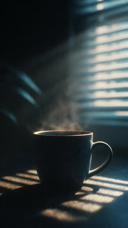 Cup of coffee on the background of the window in the morningの写真素材
