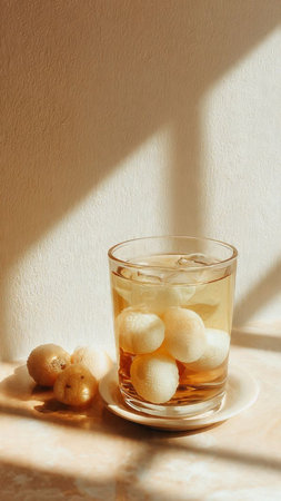 whiskey balls in a glass on a light background with shadowsの写真素材