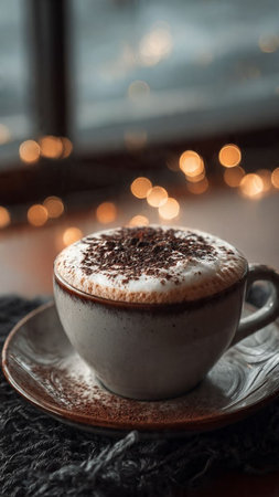 Cappuccino in a cup on a background of a window with a bokehの写真素材