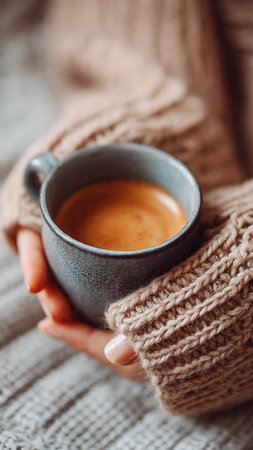 Female hands in warm knitted sweater holding a cup of coffee.の写真素材