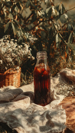 A bottle of cold brew coffee on a linen cloth in the gardenの写真素材