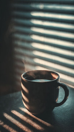 Coffee cup on wooden table in morning light with window blinds.の写真素材