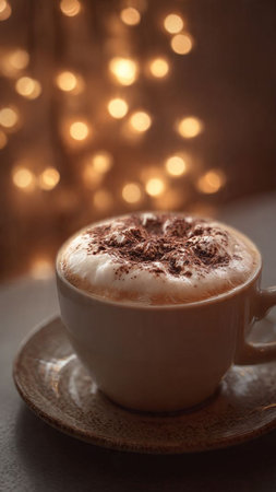 Cappuccino with whipped cream and cocoa powder in a cup on a background of bokeh lightsの写真素材