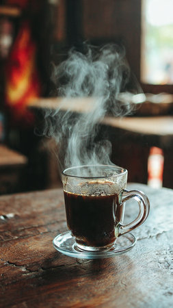 Cup of coffee on the wooden table in cafe, stock photoの写真素材