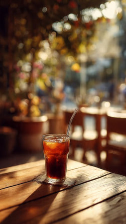 Iced coffee on a wooden table in a cafe. Selective focus.