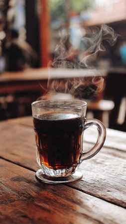 Coffee cup on the wooden table in coffee shop, stock photoの写真素材