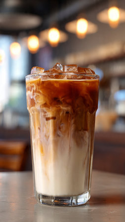 Iced coffee with milk in a tall glass on the table.の写真素材