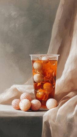 A glass of iced tea with ice cubes and balls on the tableの写真素材