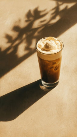Iced coffee with whipped cream in glass on brown background with shadow.の写真素材