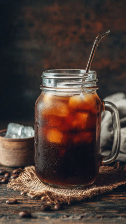 Ice coffee in a glass jar on a dark rustic background.