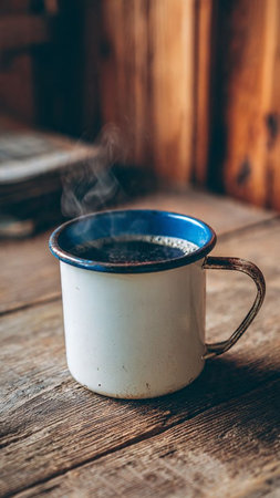 Cup of coffee on a wooden table in a rustic styleの写真素材
