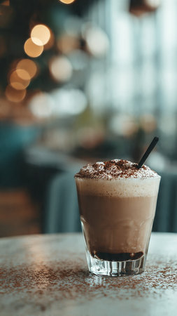 Coffee latte macchiato with whipped cream and cocoa powderの写真素材