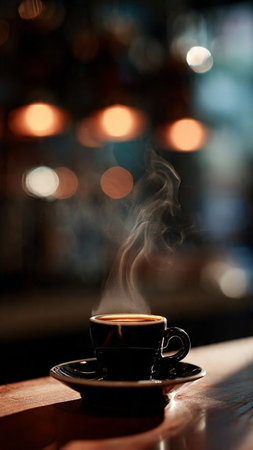 Cup of coffee on a wooden table in a cafe with a bokeh backgroundの写真素材