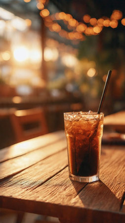 Ice coffee in a glass on a wooden table in a cafe.の写真素材