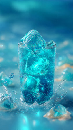 Ice cubes in a glass on a blue background. 3d renderingの写真素材