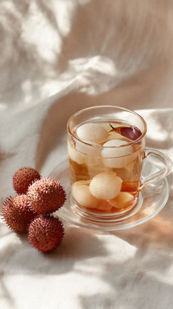 Rambutan fruit in a glass cup on a light background.