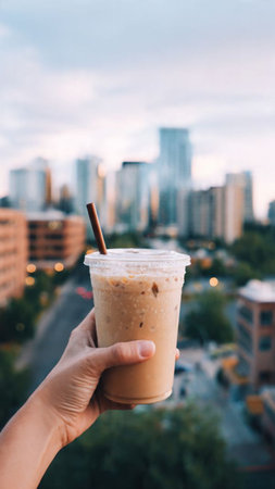 Iced coffee in hand on the background of skyscrapers.