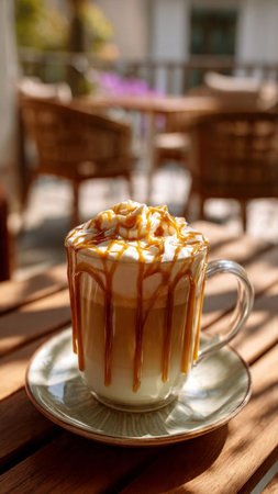 Hot caramel macchiato coffee with whipped cream on wooden tableの写真素材