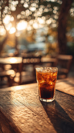 Glass of cola with ice on wooden table in outdoor cafe.の写真素材