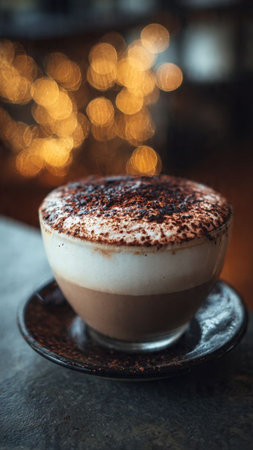 Cappuccino with whipped cream and cocoa powder on a dark background