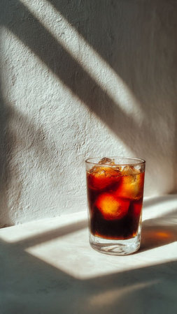 Cola with ice cubes in glass on white table with shadow from sunlight