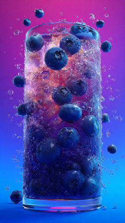 Blueberry drink with ice cubes and blueberries on gradient background.の写真素材
