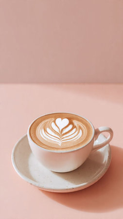 Coffee cup with latte art on pastel pink background