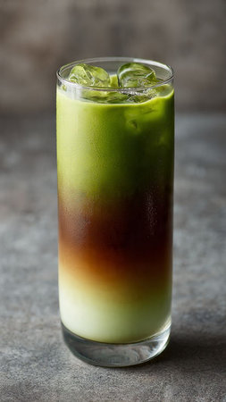 Iced green tea latte with ice cubes, selective focus imageの写真素材
