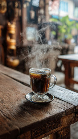 Hot coffee in a glass cup on a wooden table in a cafeの写真素材