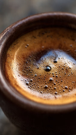 Coffee in a ceramic cup on a wooden table, close upの写真素材