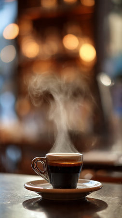 Coffee cup with steam on the table in coffee shop.の写真素材