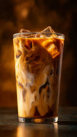 Iced coffee in a tall glass on a dark background, close up