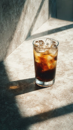 Cola with ice cubes in a glass on the table in the sunlight