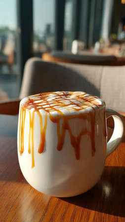 Coffee cup with caramel on the table in coffee shop.
