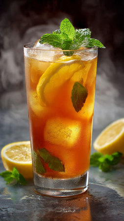 Glass of iced tea with lemon and mint on a dark backgroundの写真素材