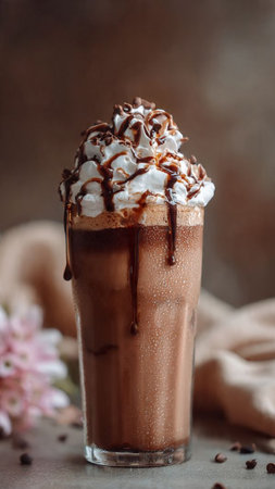 Chocolate milkshake with whipped cream and caramel on a brown backgroundの写真素材