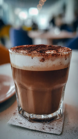 Hot chocolate in a glass on the table in a cafe. Close upの写真素材