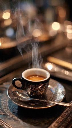 Cup of coffee on a table in a cafe with bokehの写真素材