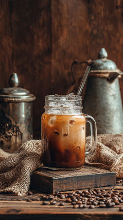 Iced coffee in a glass jar and coffee beans on a wooden backgroundの写真素材